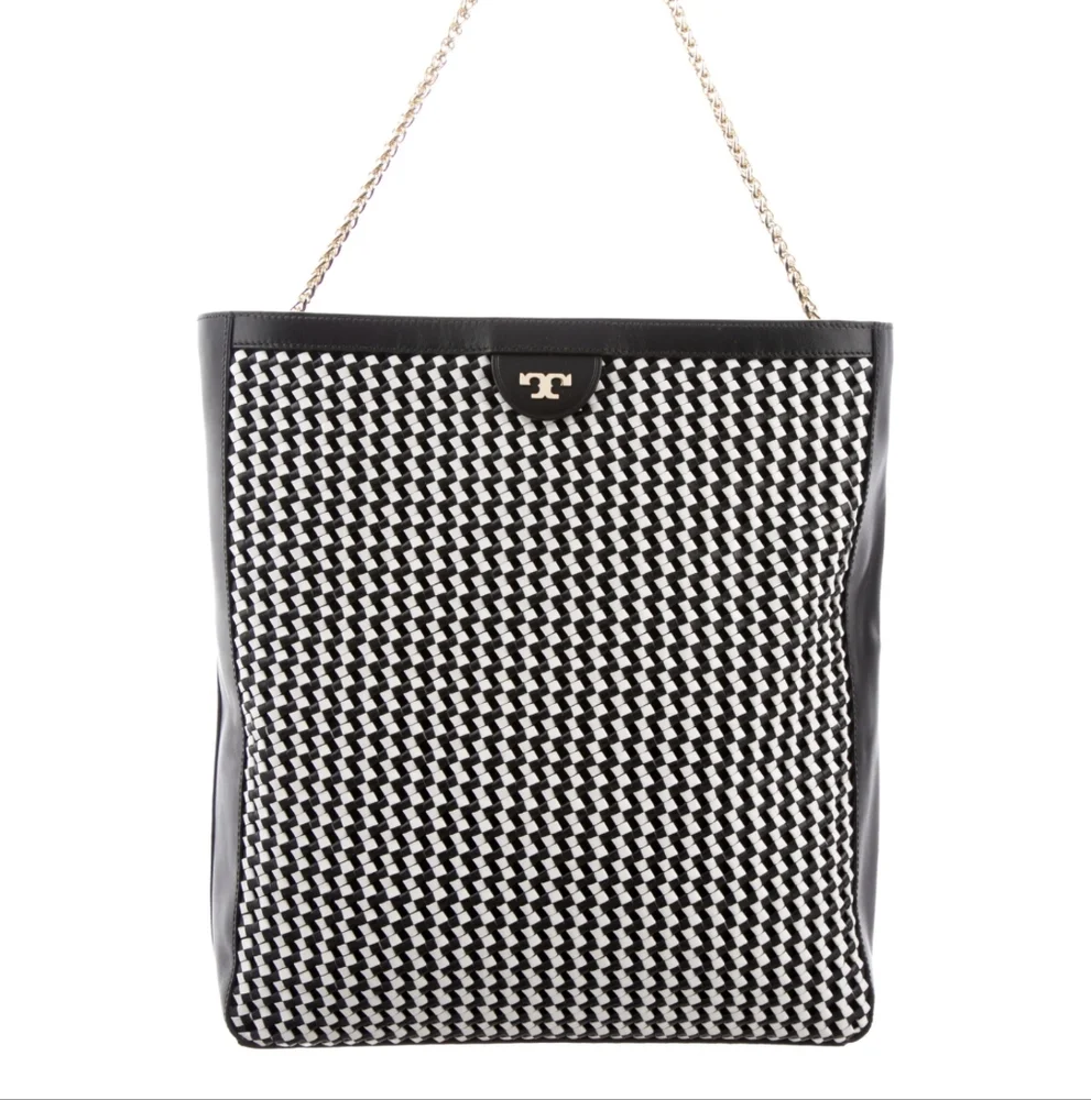 Tory Burch Erica Hobo Bag in Black and White Woven Leather